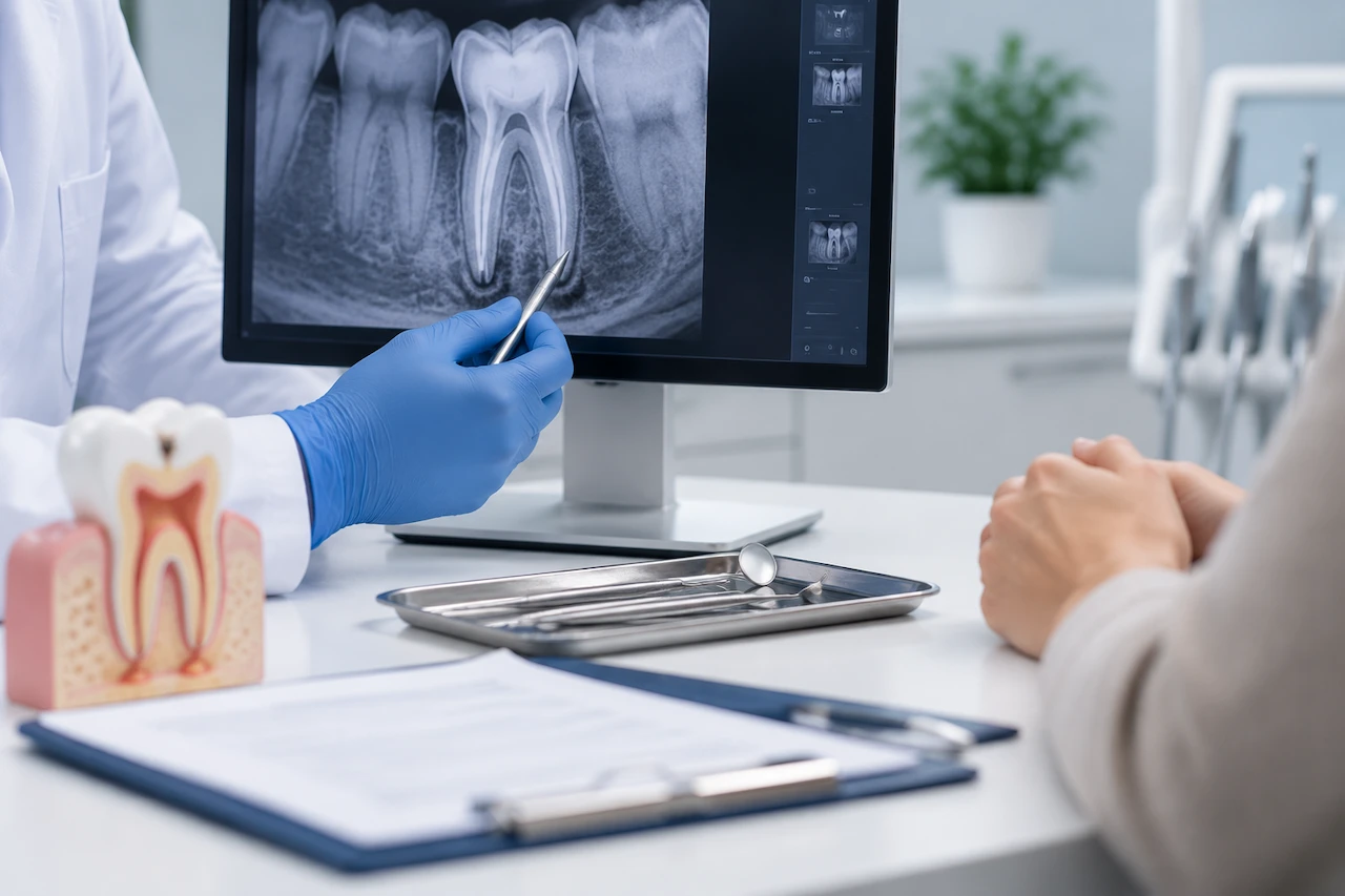 Dentist reviewing a tooth X-ray during an apicoectomy consultation.