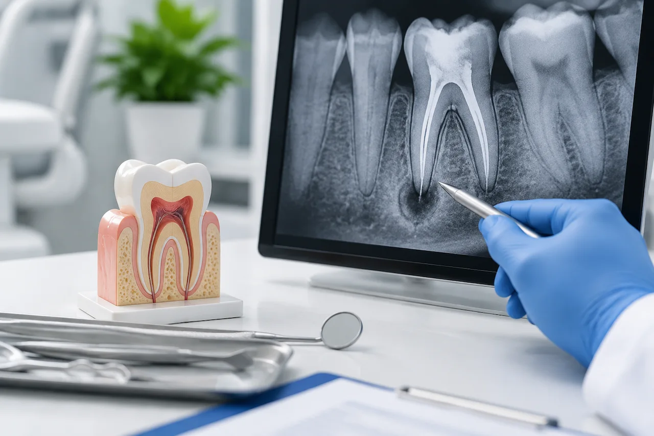 Dentist reviewing an X-ray of a failed root canal and tooth infection.