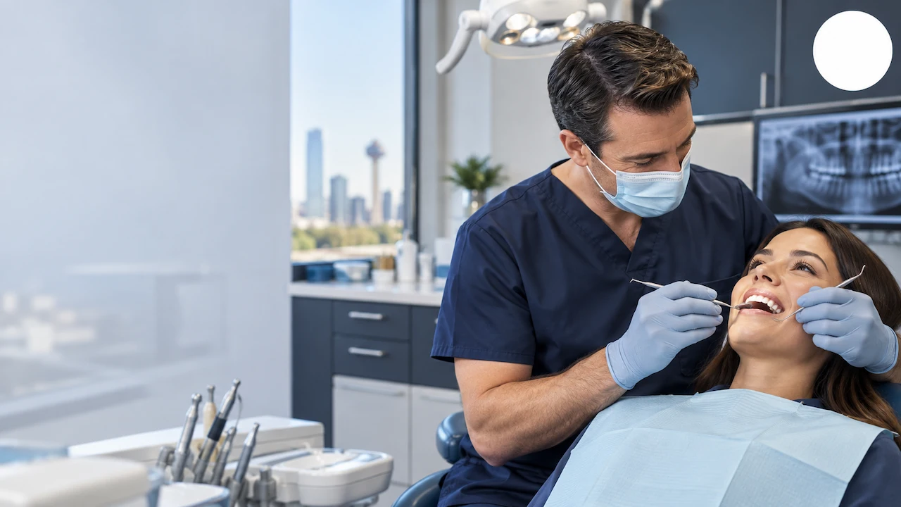 Endodontist examining a patient's tooth during a root canal consultation in a modern dental clinic