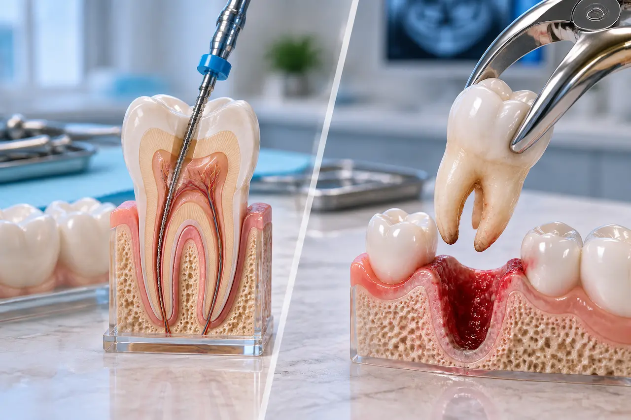Root canal vs extraction treatment comparison showing tooth preservation and tooth removal procedures