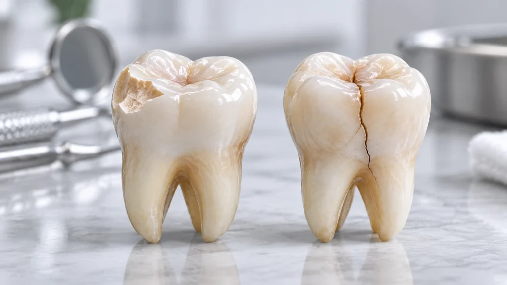 Cracked tooth vs chipped tooth showing visible enamel damage and a vertical fracture.