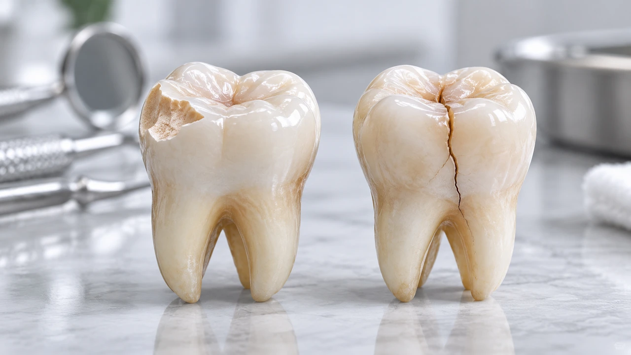 Cracked tooth vs chipped tooth showing visible enamel damage and a vertical fracture.